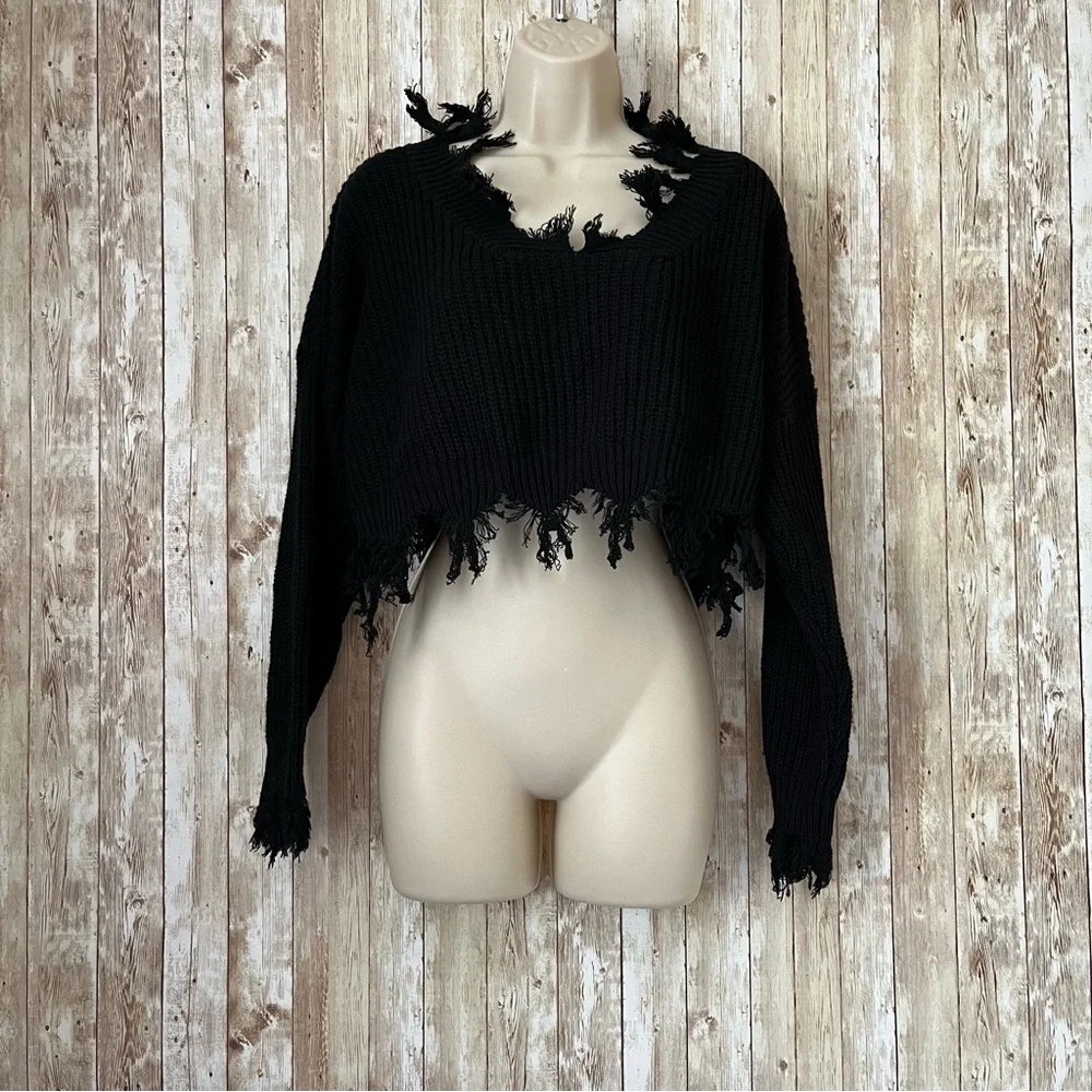 Black Frayed Knit Sweater Off Shoulder - Picture 2 of 8